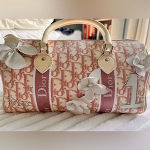 Vintage Christian Dior Pink and White Girly Oblique Canvas Trotter Boston Bag.
